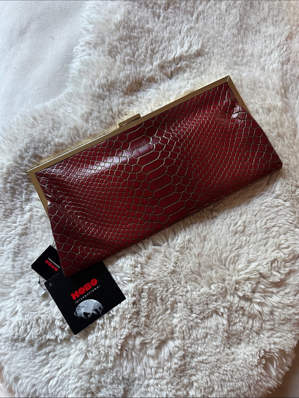 HOBO Gabrielle Red Croc-Embossed Leather Kiss Lock Clutch NWT
